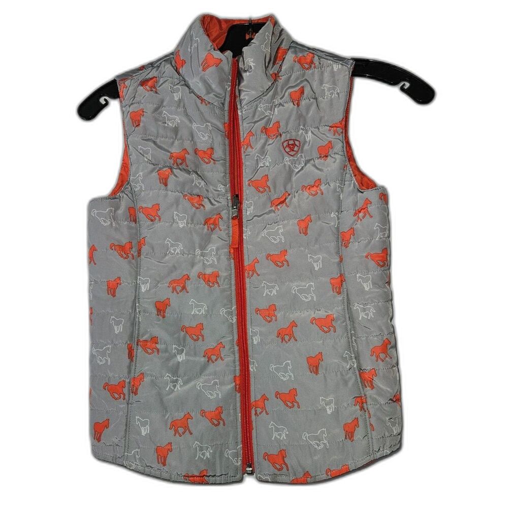 ARIAT Girl's Reversible Horse Gray Orange Zipper Puffer Vest Medium